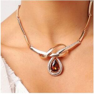 Gold Statement Necklace Cubic Zirconia Crystal Color Gemstone Topaz Amber Brown